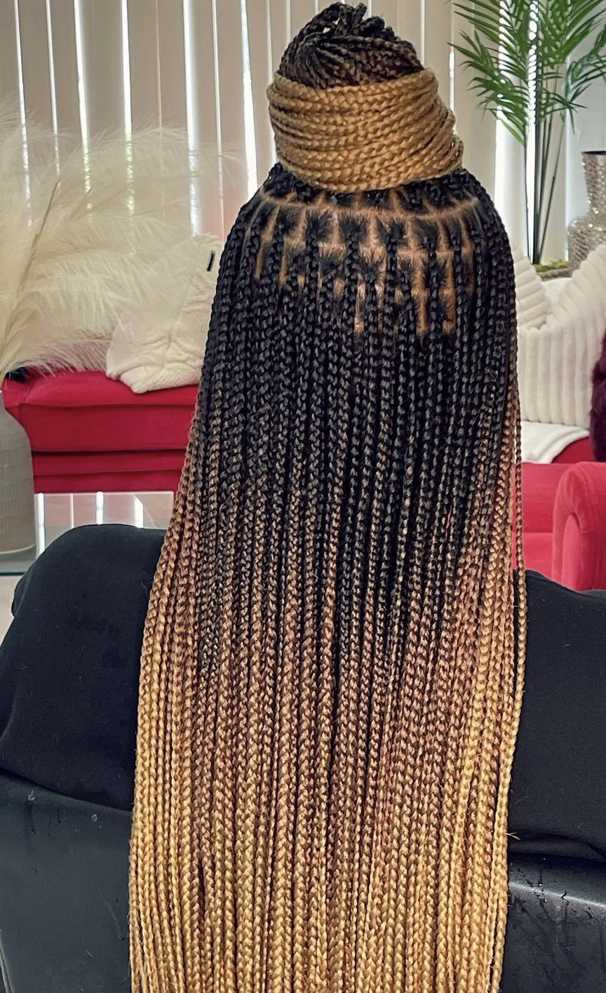 Long ombre box braids with a high bun